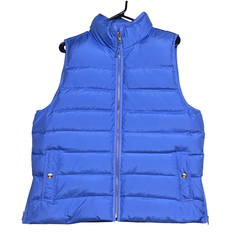 J.Crew Womens Blue Quilted Puffer Vest Down Fill Gold Zip XL